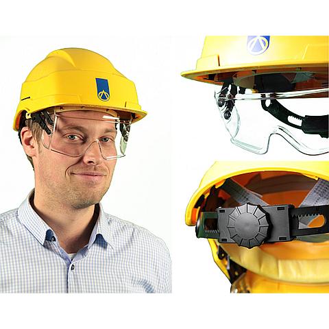 SG03100 Safety helmet with integrated goggle Safety helmet made of polyamide, complete with PC safety glasses.